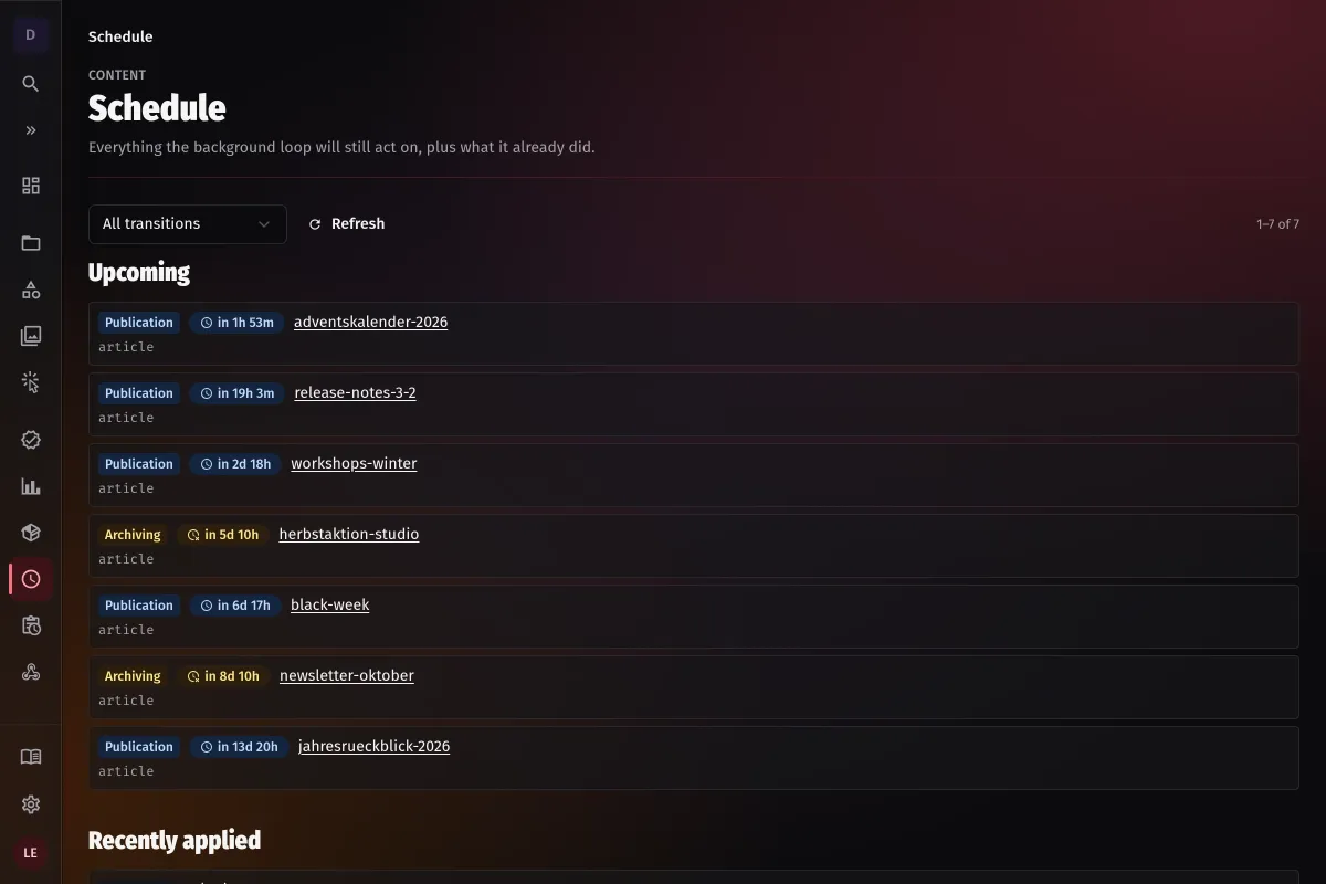 Zeitplan aller anstehenden Statuswechsel