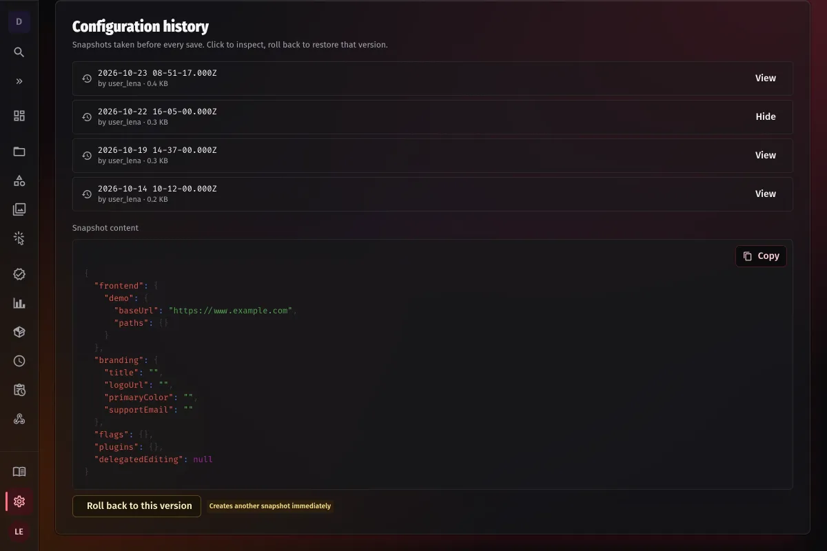 Konfiguration in der Admin-UI: Frontend-URLs und Branding je Space, ohne Neustart wirksam